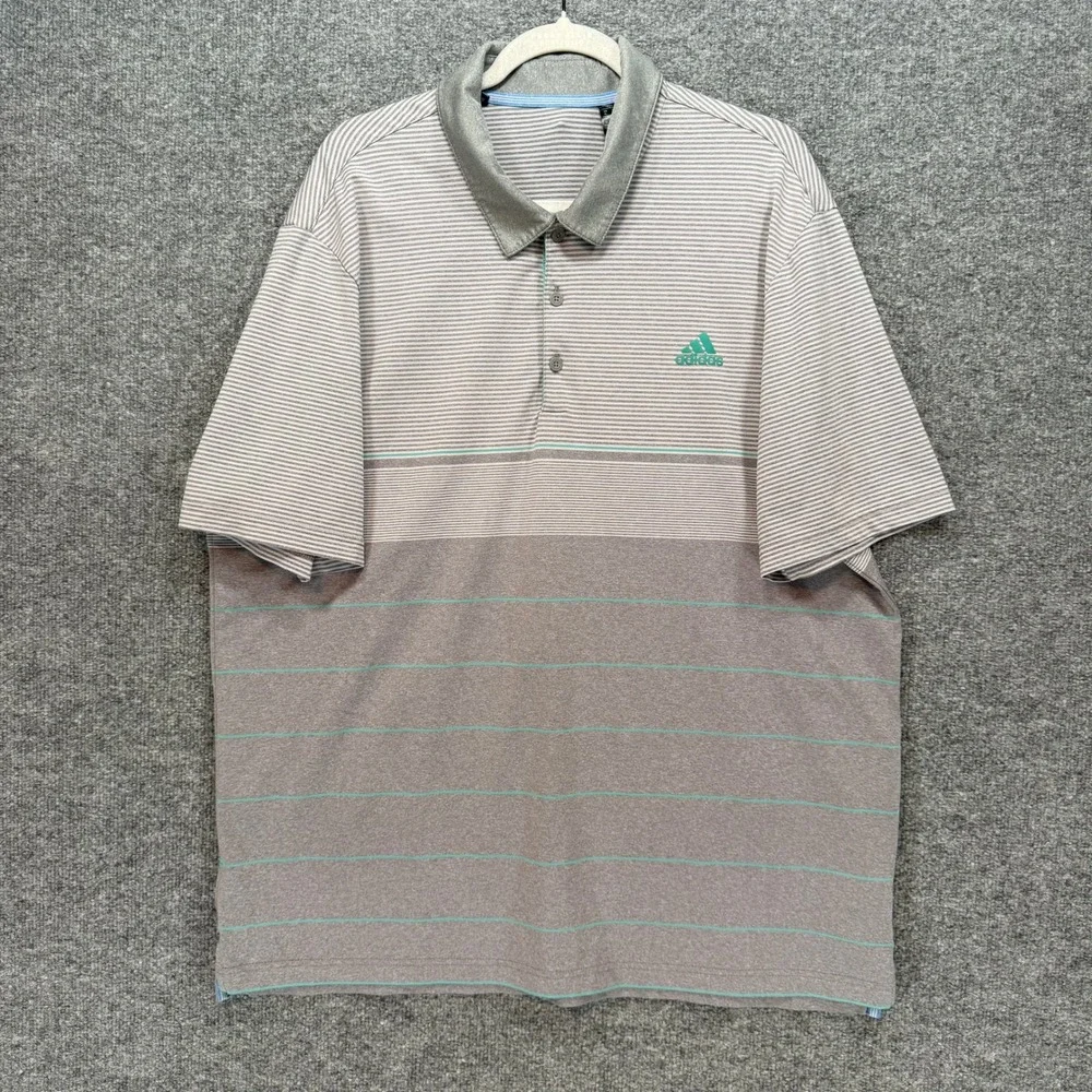 Adidas Polo Shirt Mens XL Gray Striped Performance Golf Activewear Casual Top